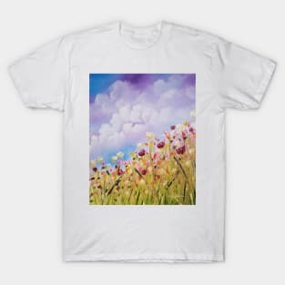 Look to the Light, Daylight flowers, flowers impressionism, wild flowers, clouds, skyscape, cloudy sky with flowers T-Shirt